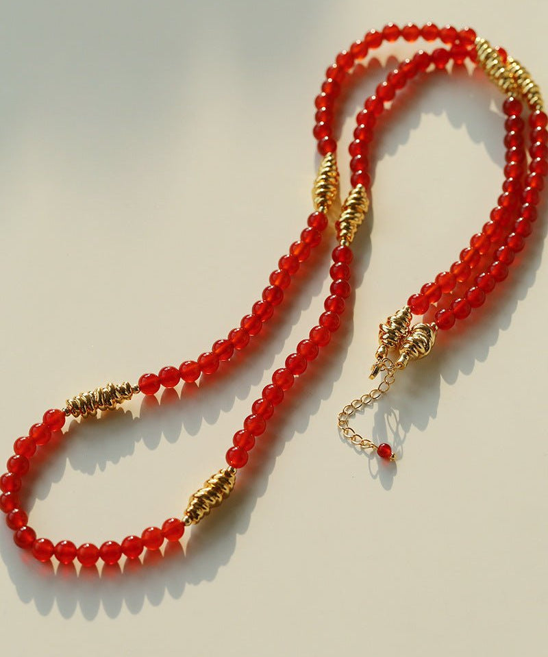 Red Agate & Clear Quartz Long Necklace with Sculptural Knot Detail - floysun