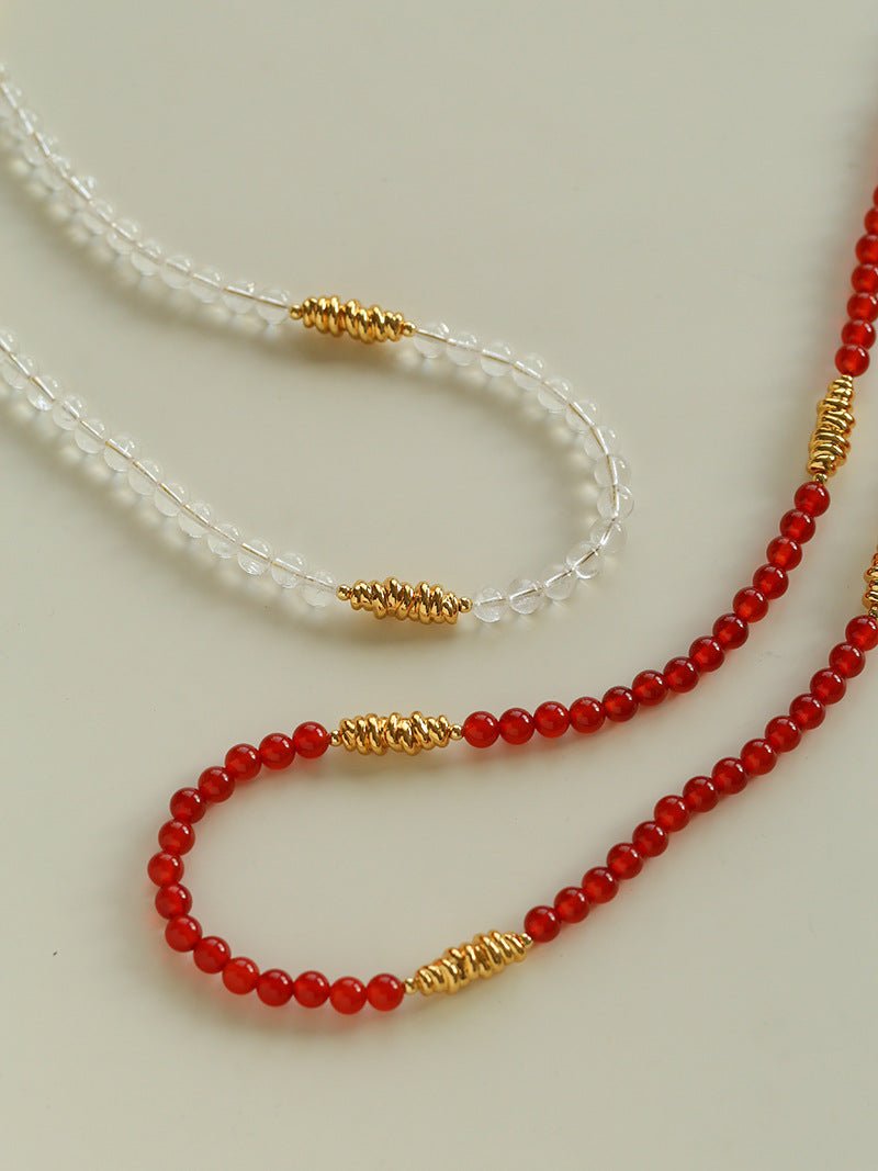 Red Agate & Clear Quartz Long Necklace with Sculptural Knot Detail - floysun
