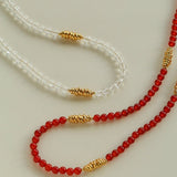 Red Agate & Clear Quartz Long Necklace with Sculptural Knot Detail - floysun