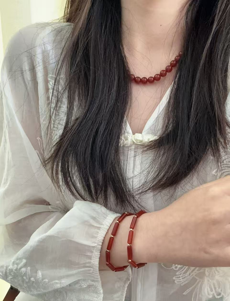 Red Agate & Gold Bead Stretch Bracelet - floysun