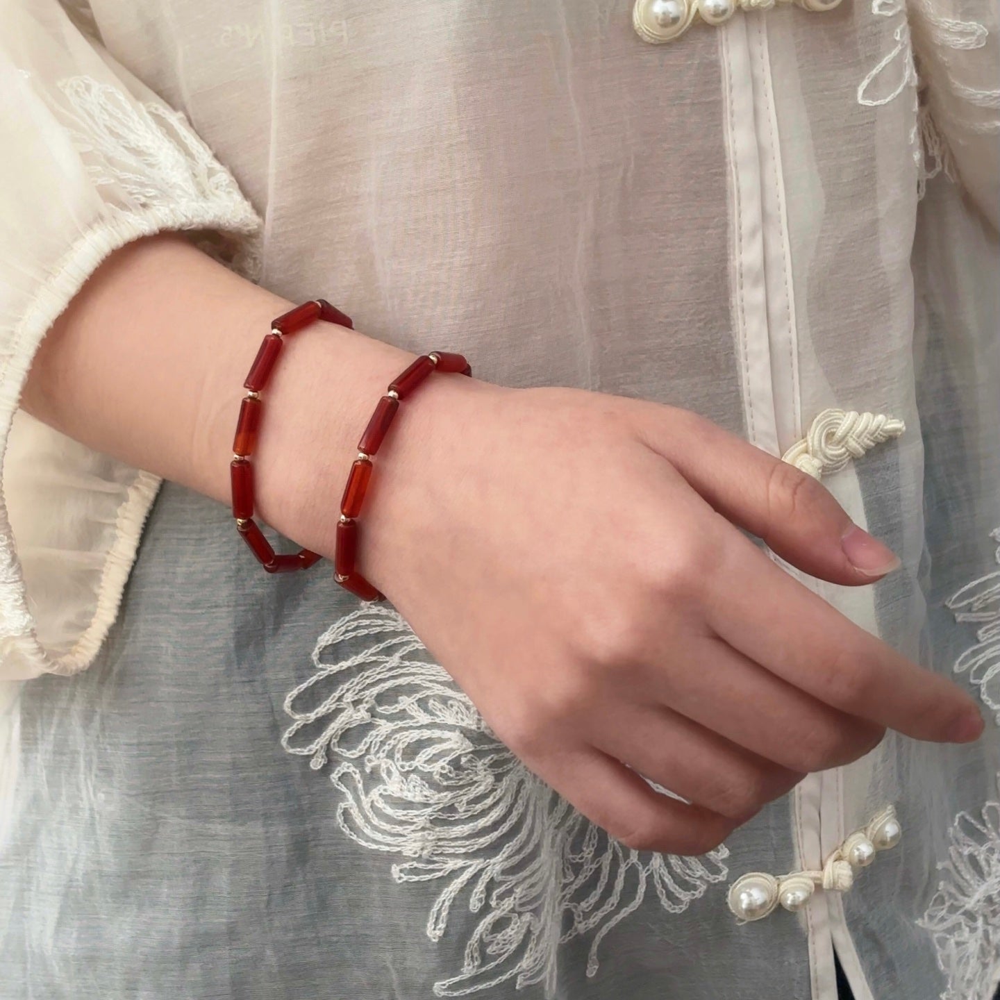 Red Agate & Gold Bead Stretch Bracelet - floysun