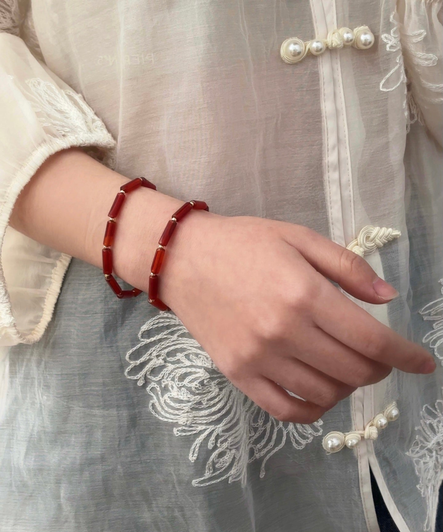 Red Agate & Gold Bead Stretch Bracelet - floysun