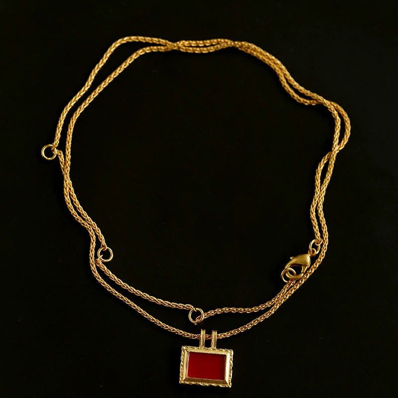 Red Agate Pendant Twisted Rope Chain Necklace - floysun