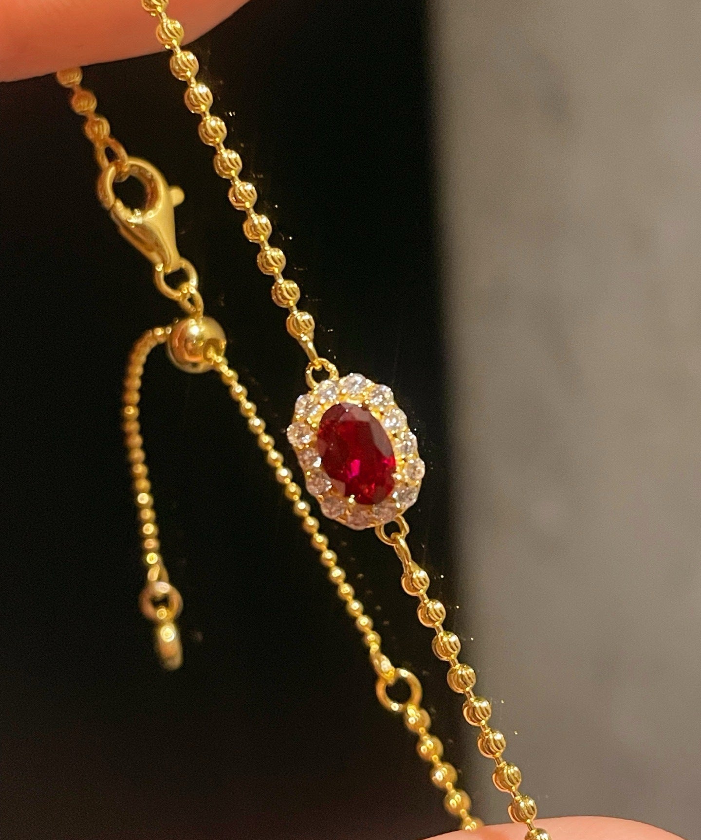 Red Corundum High Carbon Diamond Inlaid Adjustable Beaded Chain Bracelet - floysun