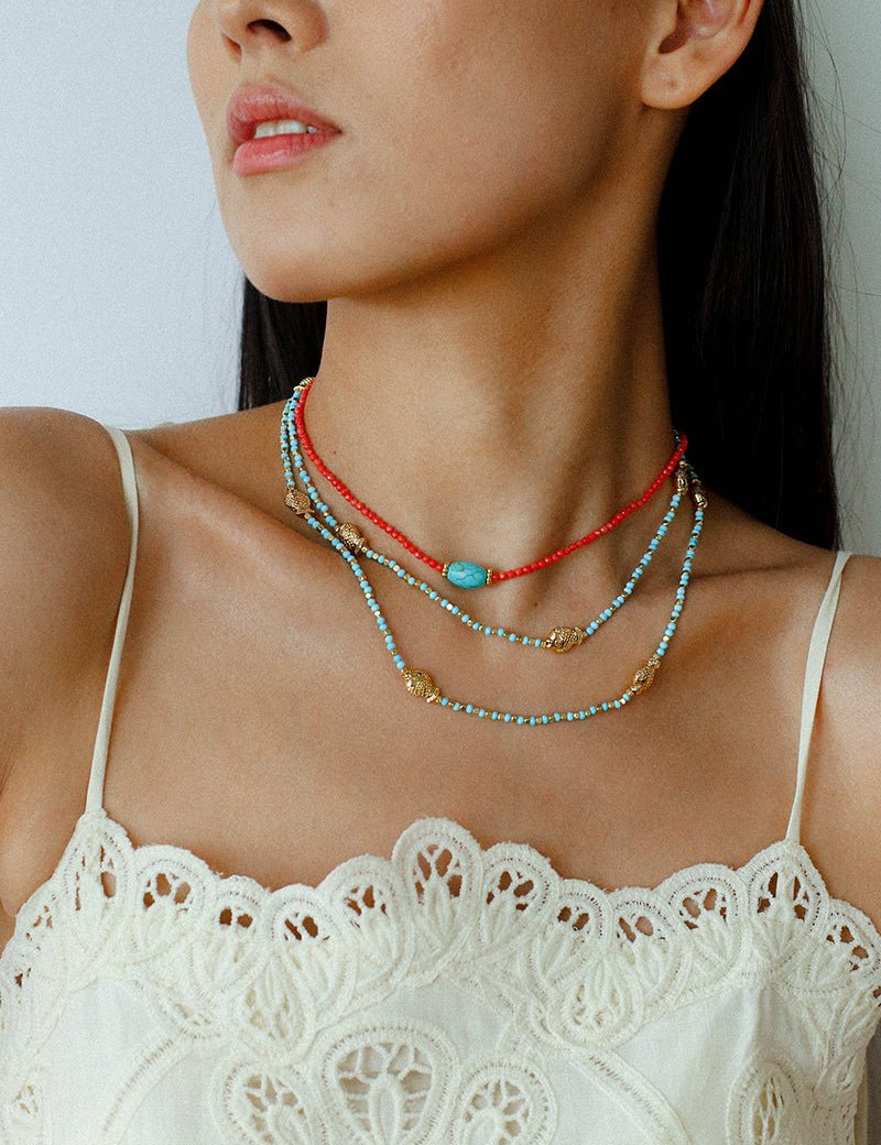 Red Faceted Beads & Turquoise Collar Necklace – Layered Choker - floysun