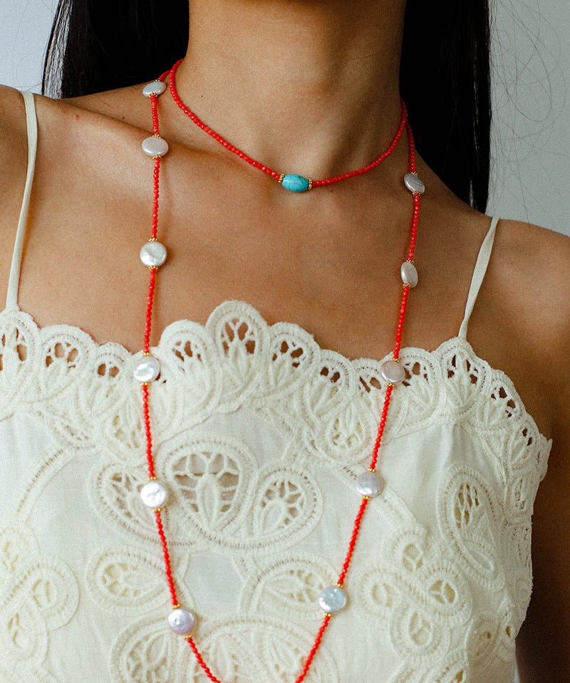 Red Faceted Beads & Turquoise Collar Necklace – Layered Choker - floysun