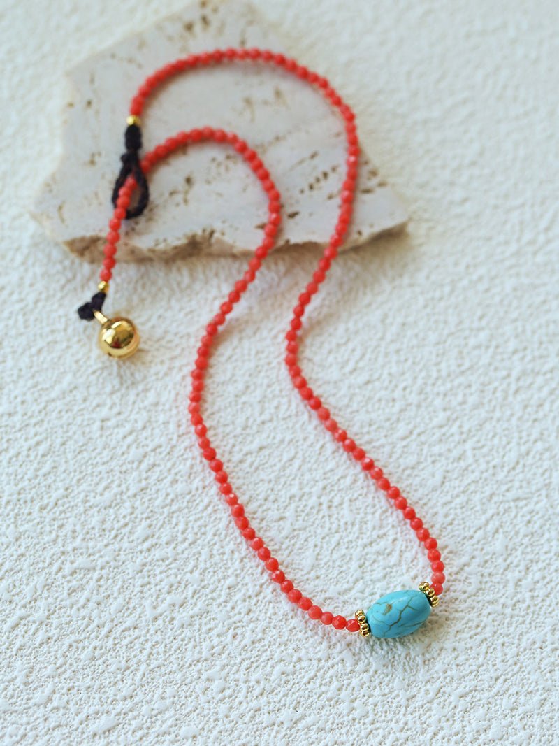 Red Faceted Beads & Turquoise Collar Necklace – Layered Choker - floysun
