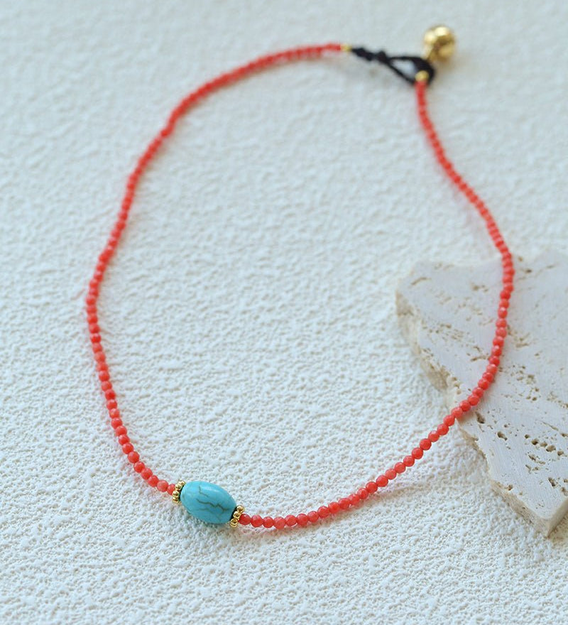 Red Faceted Beads & Turquoise Collar Necklace – Layered Choker - floysun