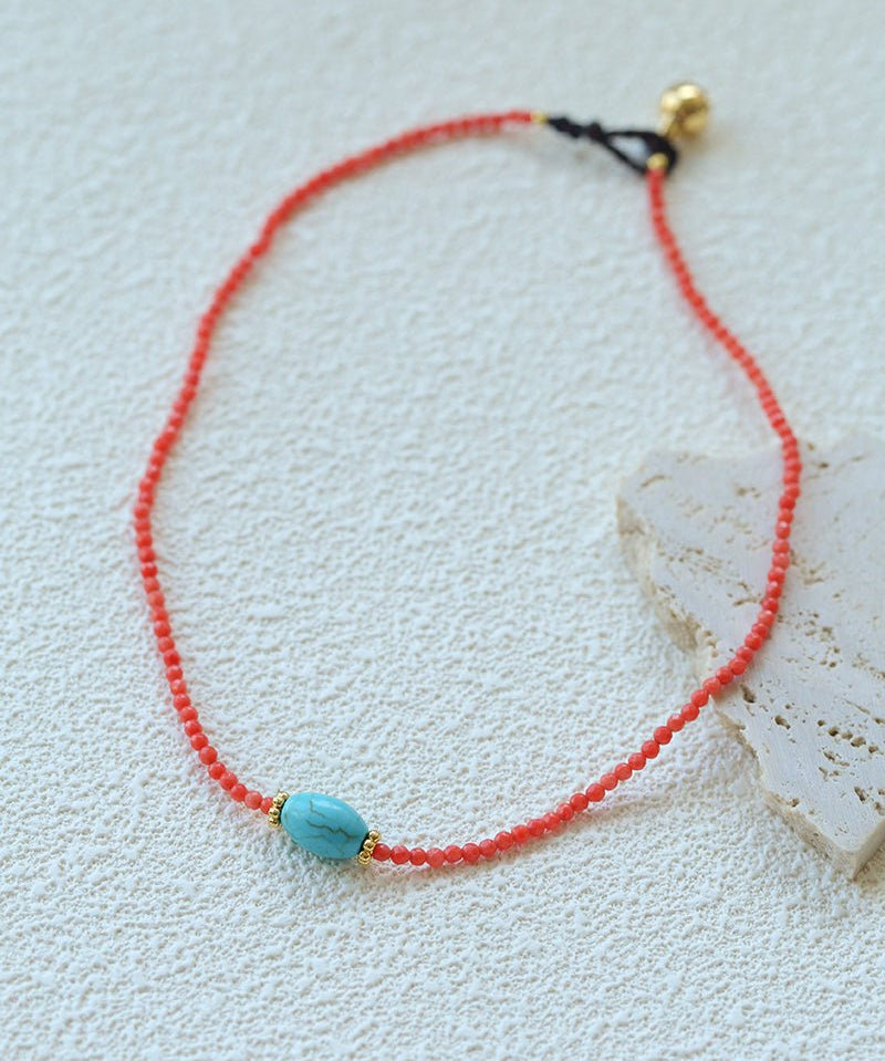 Red Faceted Beads & Turquoise Collar Necklace – Layered Choker - floysun