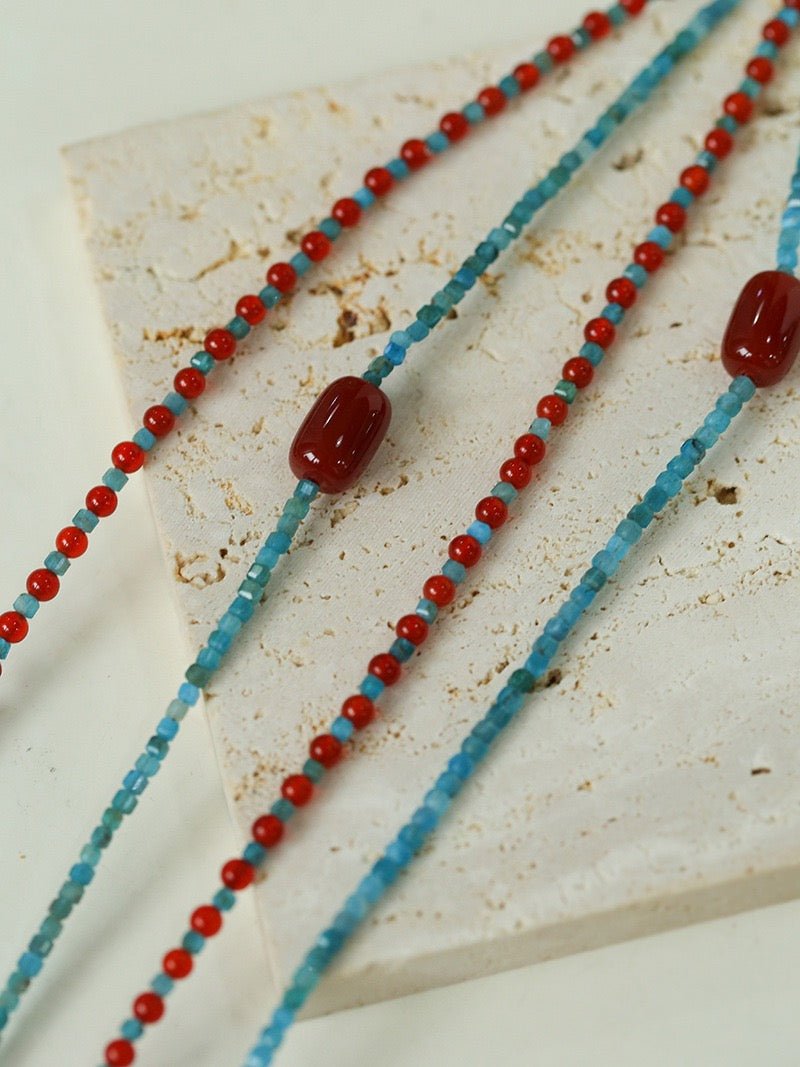 Red Onyx Splicing Blue Phosphorus Beaded Necklace - floysun