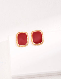 Red Rectangular Sterling Silver Drip Glaze Earrings - floysun