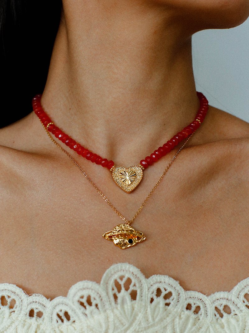 Red Romance – Red Bead Necklace with Vintage Heart Pendant - floysun