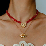 Red Romance – Red Bead Necklace with Vintage Heart Pendant - floysun