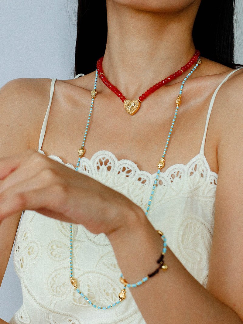 Red Romance – Red Bead Necklace with Vintage Heart Pendant - floysun