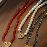 Red Romance – Red Bead Necklace with Vintage Heart Pendant - floysun