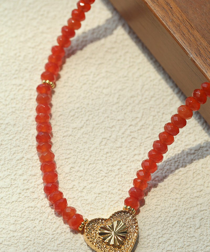 Red Romance – Red Bead Necklace with Vintage Heart Pendant - floysun
