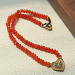 Red Romance – Red Bead Necklace with Vintage Heart Pendant - floysun