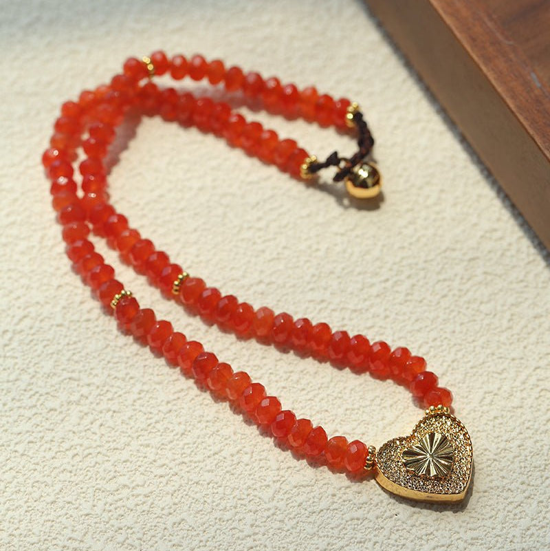Red Romance – Red Bead Necklace with Vintage Heart Pendant - floysun