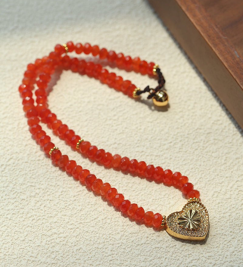 Red Romance – Red Bead Necklace with Vintage Heart Pendant - floysun