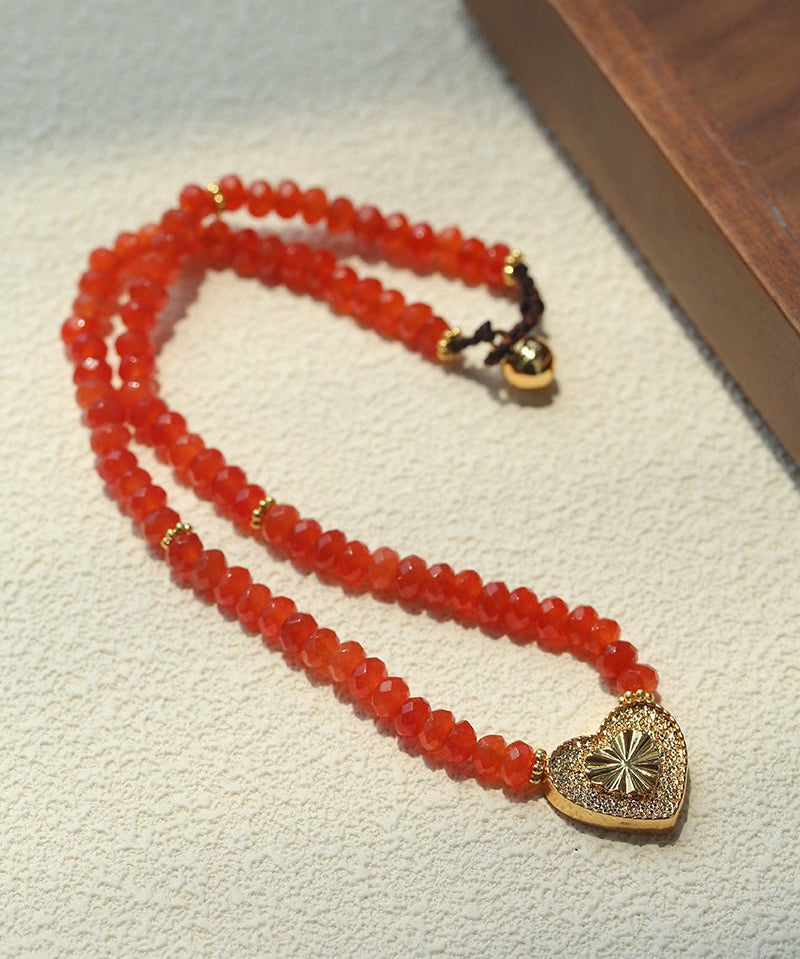 Red Romance – Red Bead Necklace with Vintage Heart Pendant - floysun