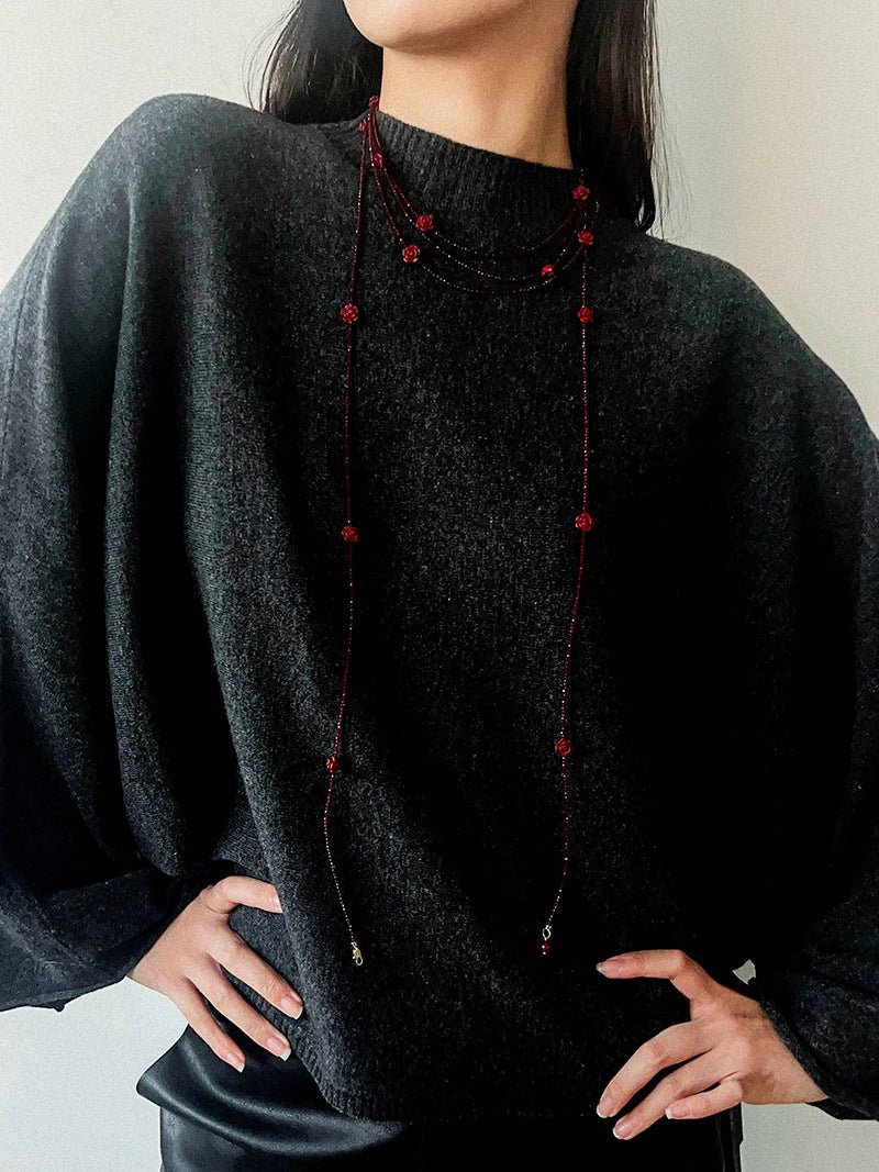 Red Rose Glass Bead Extra - Long Necklace - floysun