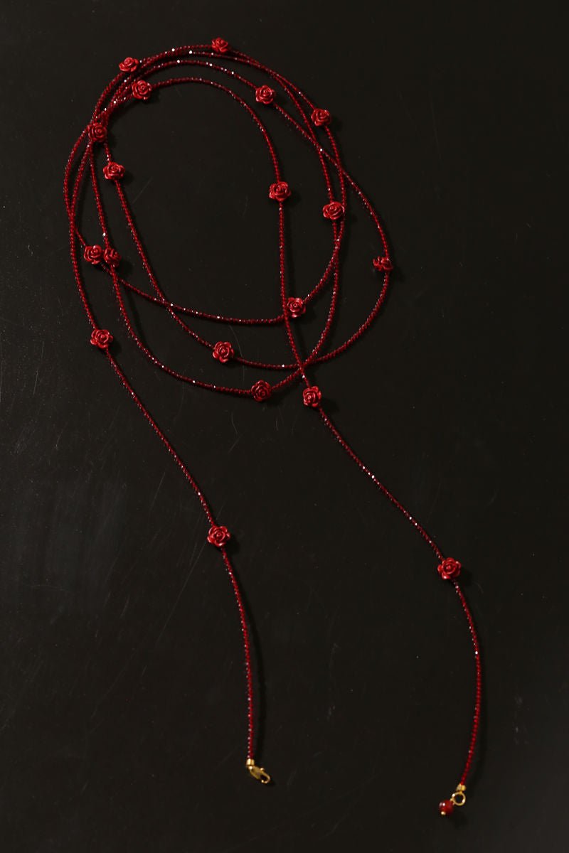 Red Rose Glass Bead Extra - Long Necklace - floysun