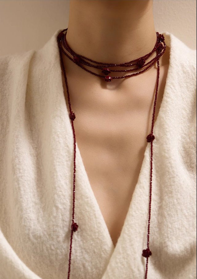 Red Rose Glass Bead Extra - Long Necklace - floysun