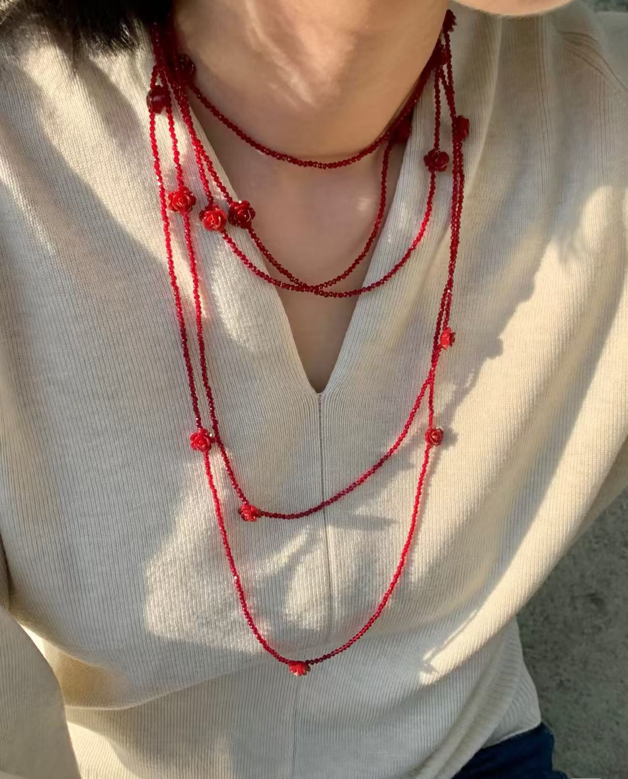 Red Rose Glass Bead Extra - Long Necklace - floysun