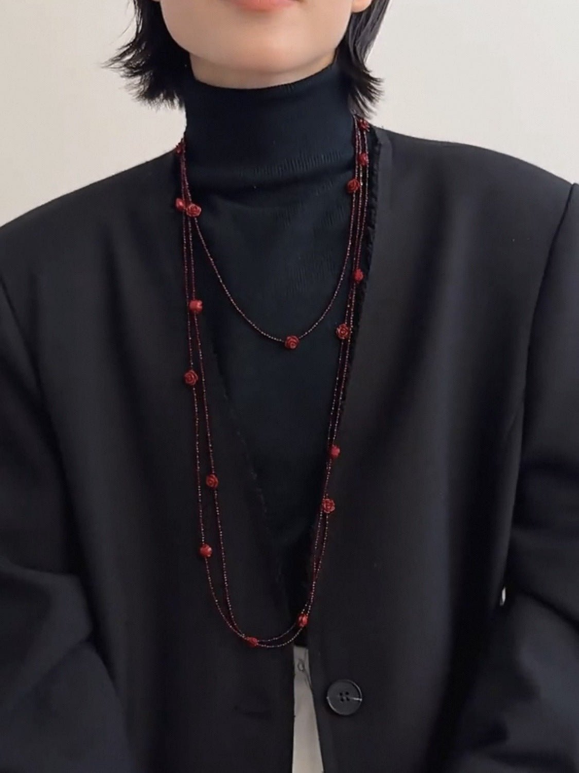 Red Rose Glass Bead Extra - Long Necklace - floysun