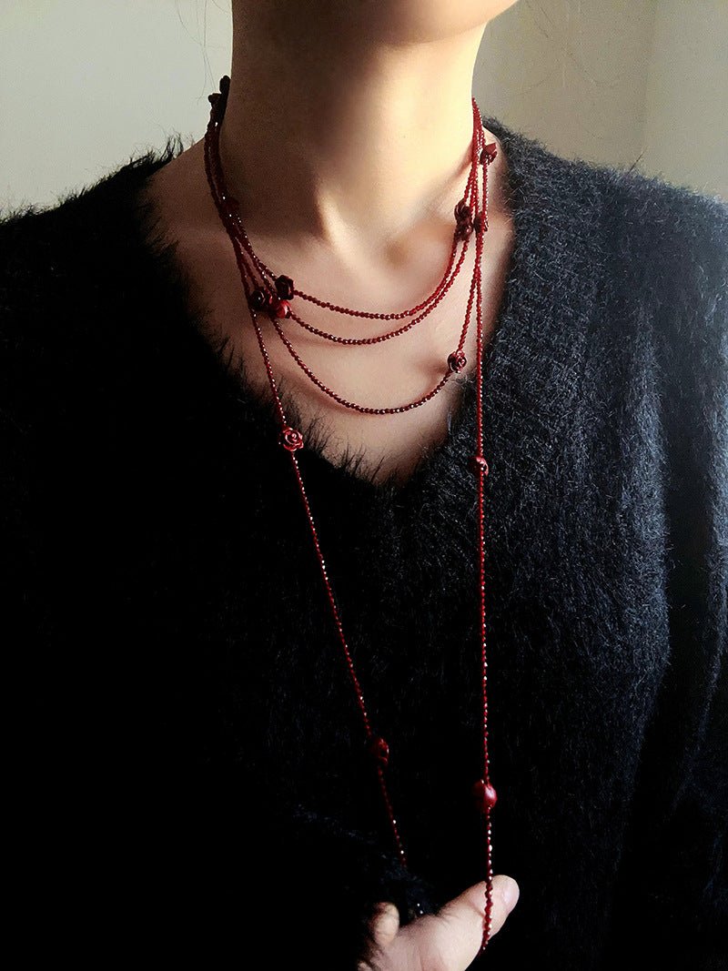 Red Rose Glass Bead Extra - Long Necklace - floysun