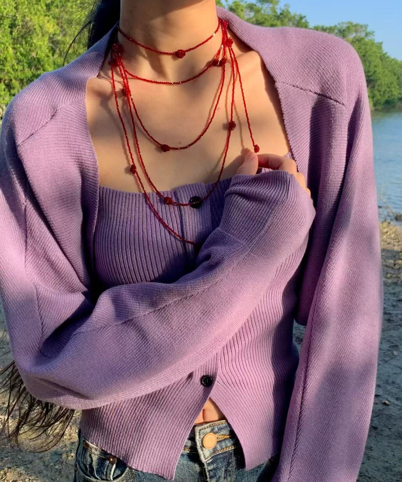 Red Rose Glass Bead Extra - Long Necklace - floysun