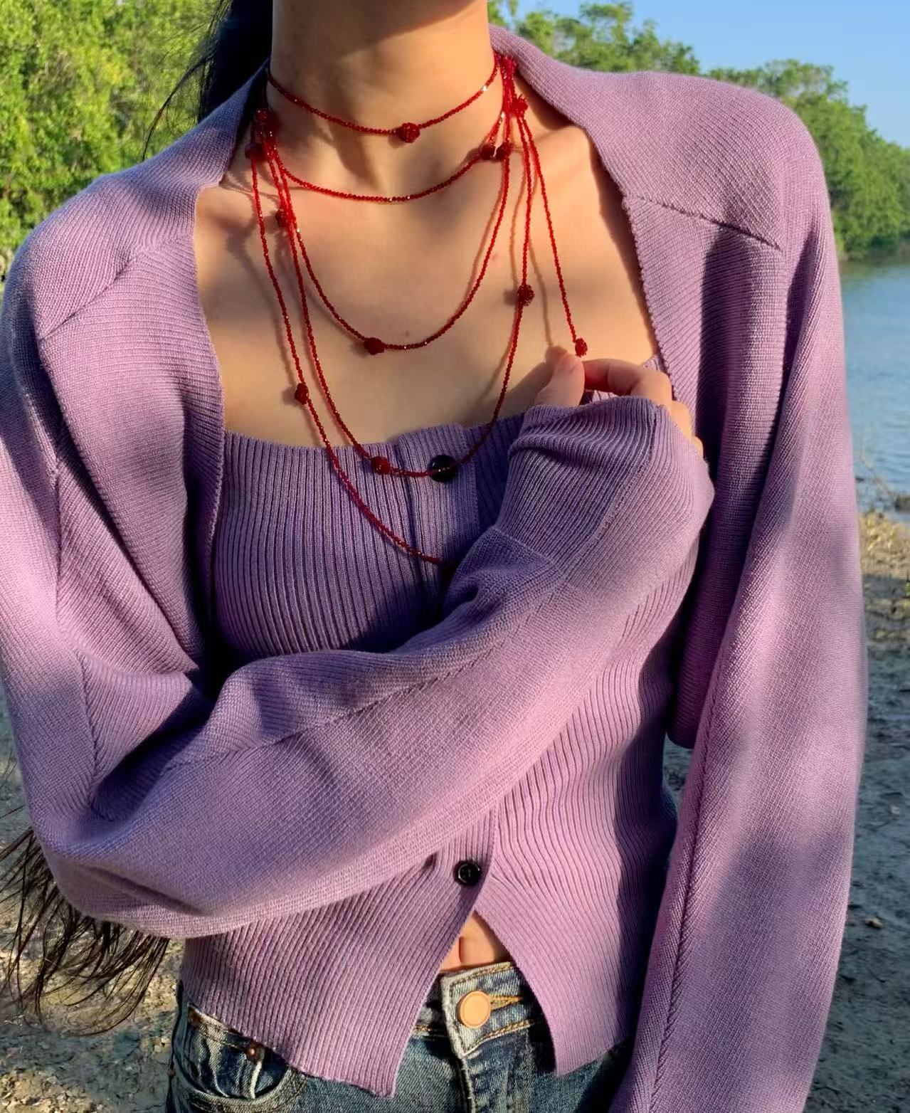 Red Rose Glass Bead Extra - Long Necklace - floysun