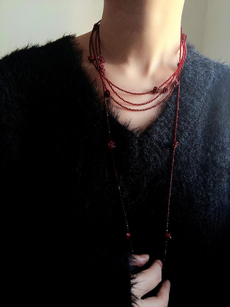 Red Rose Glass Bead Extra - Long Necklace - floysun