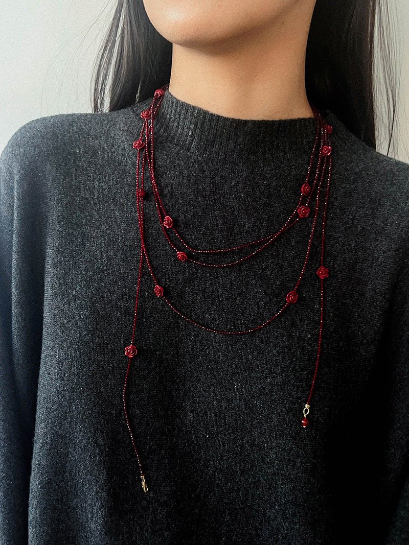 Red Rose Glass Bead Extra - Long Necklace - floysun