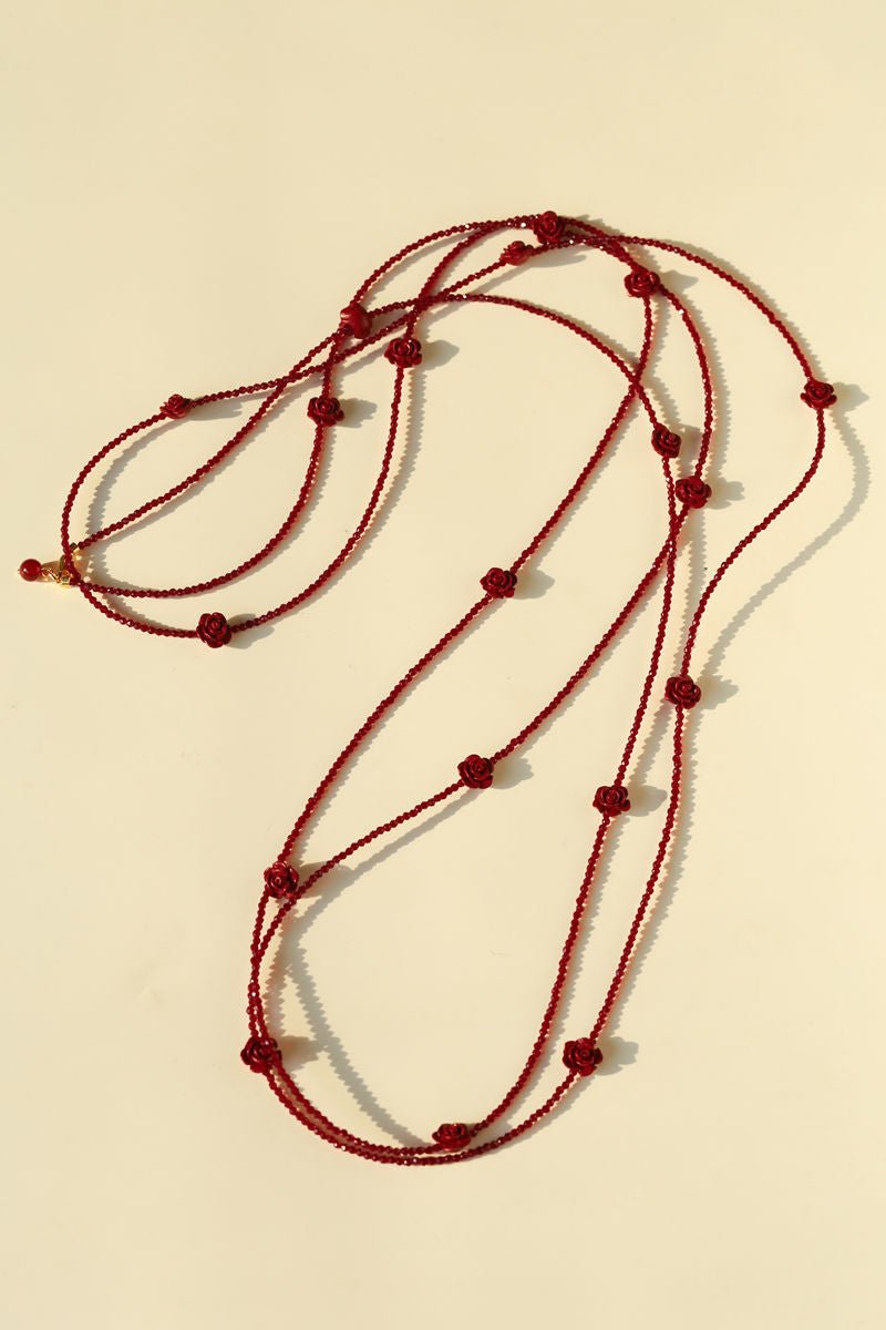 Red Rose Glass Bead Extra - Long Necklace - floysun