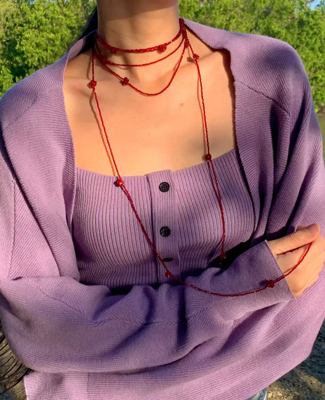 Red Rose Glass Bead Extra - Long Necklace - floysun