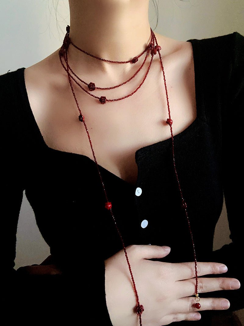Red Rose Glass Bead Extra - Long Necklace - floysun