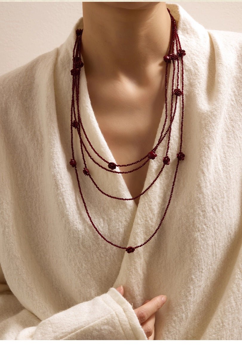 Red Rose Glass Bead Extra - Long Necklace - floysun