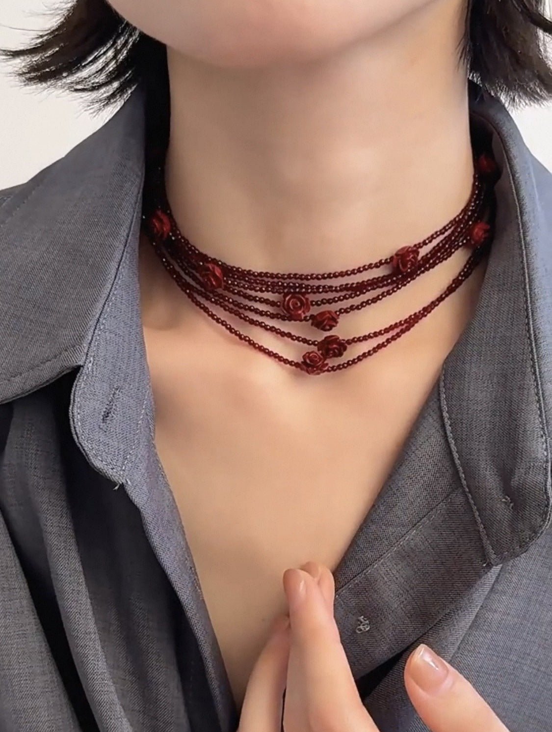 Red Rose Glass Bead Extra - Long Necklace - floysun