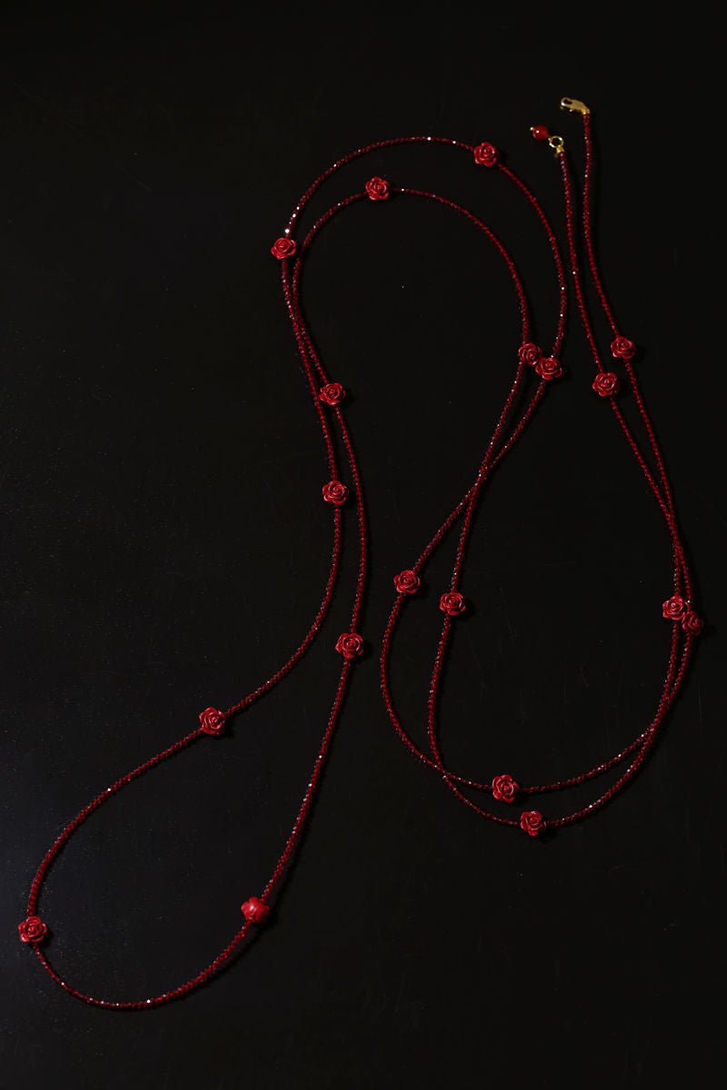 Red Rose Glass Bead Extra - Long Necklace - floysun