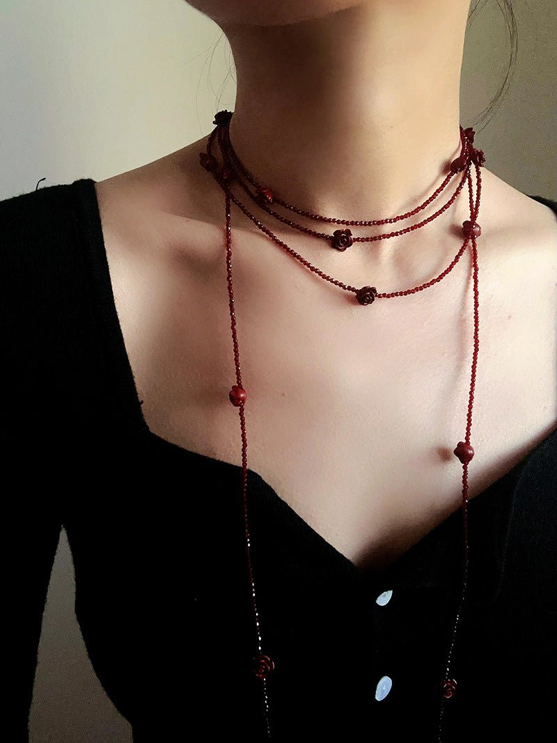 Red Rose Glass Bead Extra - Long Necklace - floysun