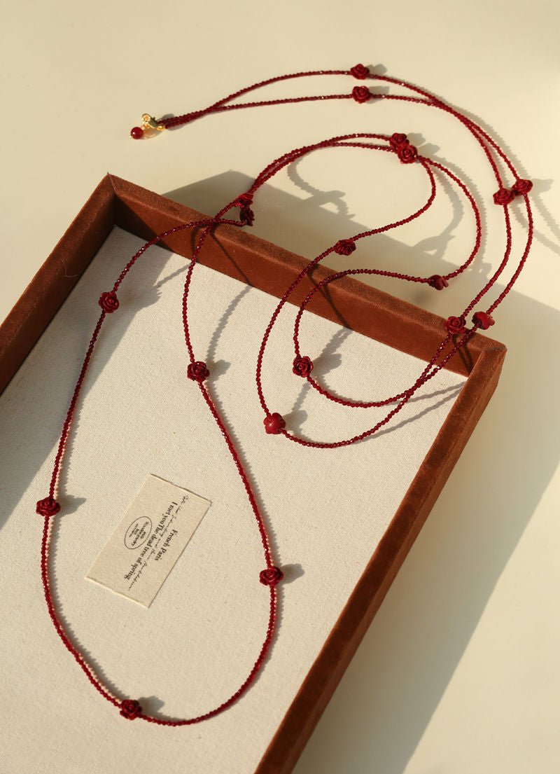 Red Rose Glass Bead Extra - Long Necklace - floysun