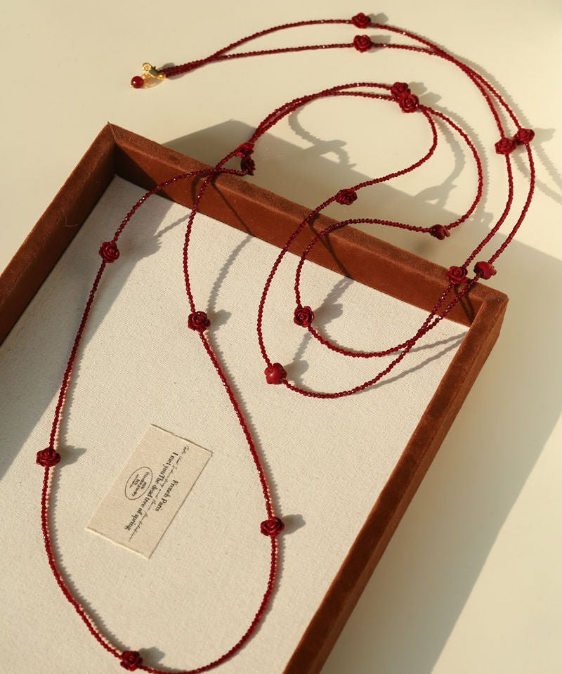 Red Rose Glass Bead Extra - Long Necklace - floysun