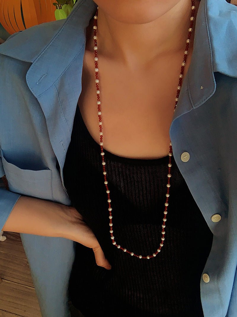 Red Spinel & Pearl Long Necklace | Versatile Layering Statement Piece - floysun