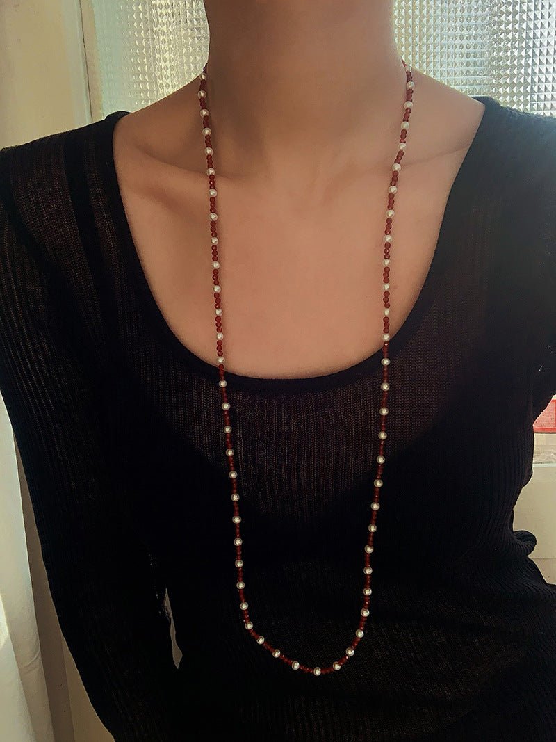 Red Spinel & Pearl Long Necklace | Versatile Layering Statement Piece - floysun