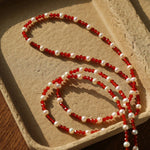 Red Spinel & Pearl Long Necklace | Versatile Layering Statement Piece - floysun