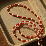 Red Spinel & Pearl Long Necklace | Versatile Layering Statement Piece - floysun