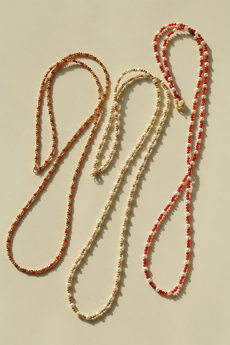 Red Spinel & Pearl Long Necklace | Versatile Layering Statement Piece - floysun