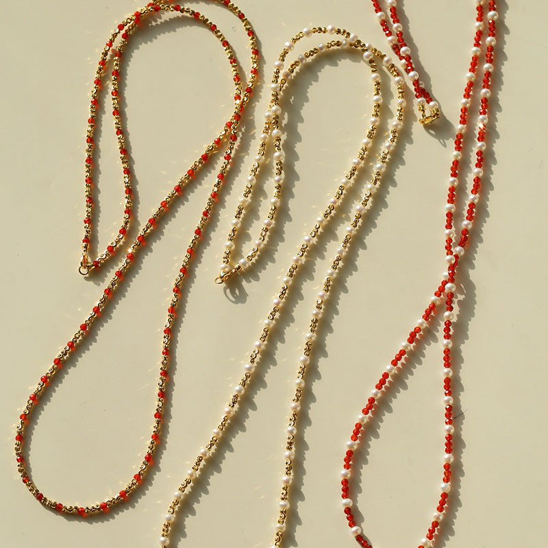 Red Spinel & Pearl Long Necklace | Versatile Layering Statement Piece - floysun