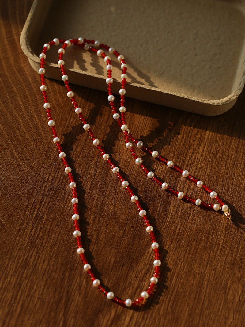 Red Spinel & Pearl Long Necklace | Versatile Layering Statement Piece - floysun